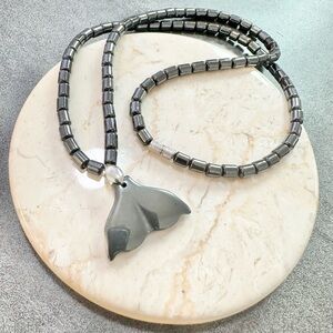 Vintage Hematite Beaded Necklace with Whale Tail Pendant